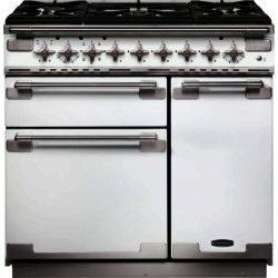 Rangemaster Elise 90cm Dual Fuel 108480 Range Cooker in White & Chrome